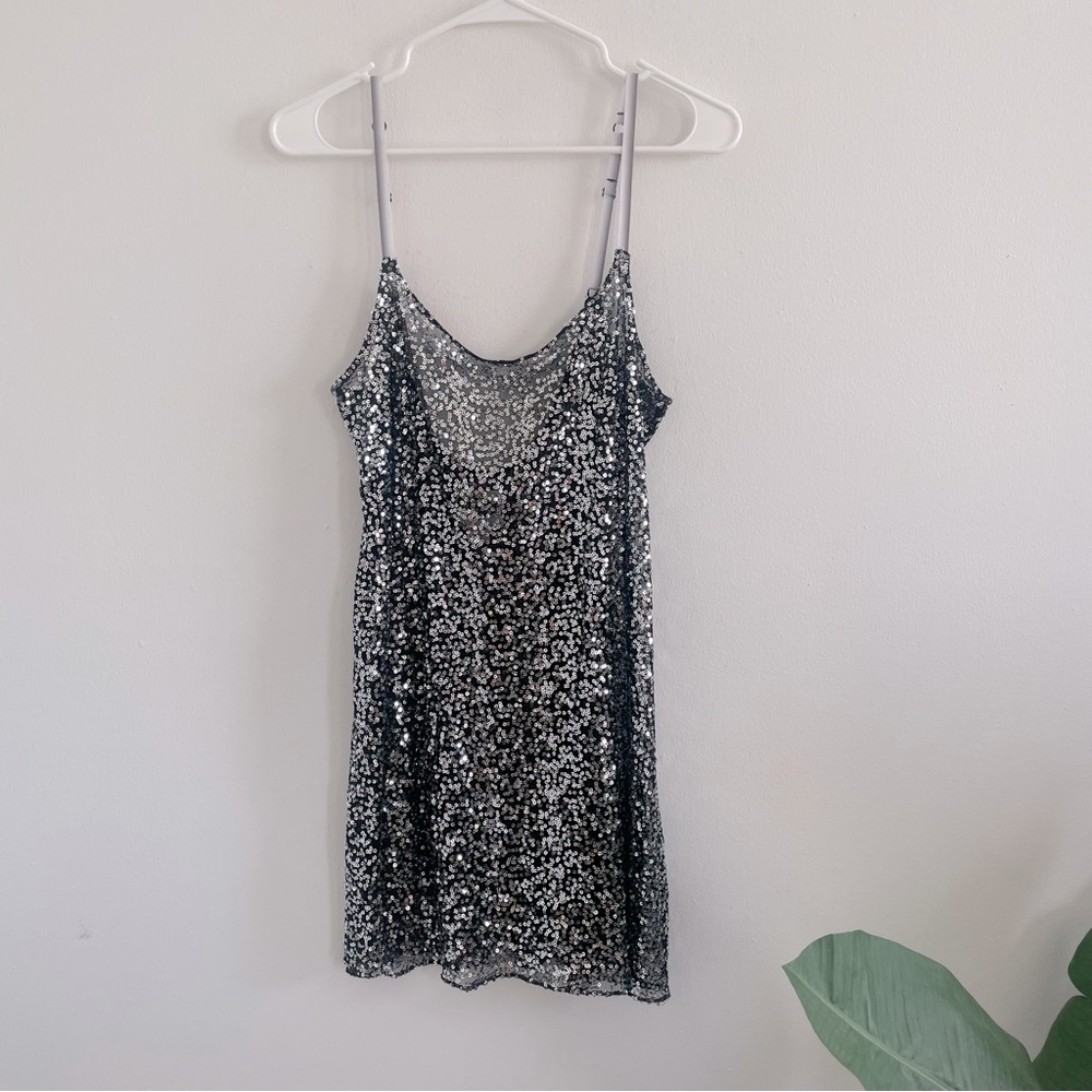 $128 Free People Sequin Silver/Black Spaghetti Strap Dress